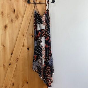 SO Asymmetrical Black Patchwork Floral Slip Dress